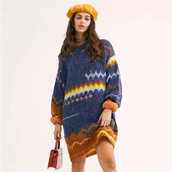 Free People Sweaters - Free People Shimmering Cliffs Sweater Tunic Fair Isle Oversized Alpaca Navy Gold